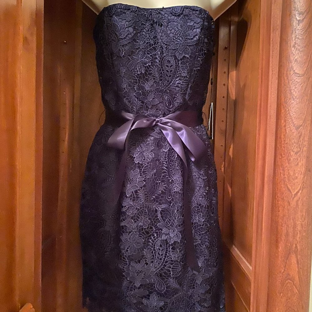Dark Navy Blue Strapless Lace Cocktail Dress from Adrianna Papell-NWT